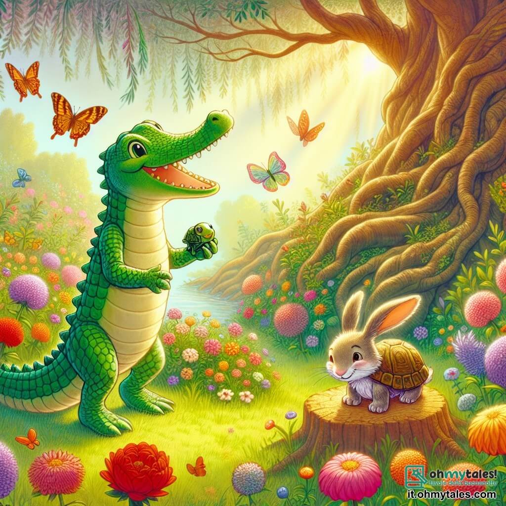 Illustration destinée aux enfants représentant un vaste et lumineux jardin enchanté, où des fleurs colorées dansent au gré du vent et des arbres majestueux aux troncs noueux murmurent des histoires anciennes. Au centre de la scène, un jeune crocodile aux écailles vert émeraude et aux yeux pétillants d'enthousiasme se tient sur ses pattes arrière, souriant avec un air déterminé, prêt à aider une petite tortue au carapace rayée qui pleure sur un tronc d'arbre. En arrière-plan, une lepre aux grandes oreilles et aux yeux sages observe la scène avec un sourire bienveillant, tandis que des papillons multicolores virevoltent autour d'eux. L'atmosphère est remplie de magie et de chaleur, symbolisant l'amitié et la gentillesse, avec des rayons de soleil filtrant à travers les feuilles, illuminant le jardin d'une douce lumière dorée.