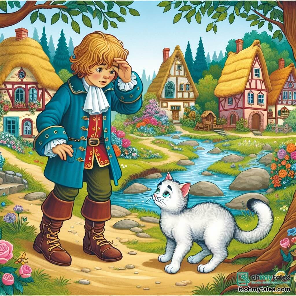 Une illustration destinée aux enfants représentant un chat rusé vêtu de bottes élégantes, aidant un jeune garçon désemparé, dans un village enchanté aux maisons colorées et aux toits de chaume, entouré de bosquets fleuris et d'un ruisseau limpide.
