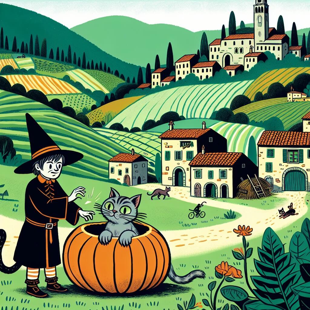 Une illustration destinée aux enfants représentant un apprenti sorcier espiègle, se retrouvant dans une situation hilarante avec son chat transformé en citrouille géante, dans un village pittoresque niché au cœur d'une campagne italienne verdoyante, entouré de collines vallonnées et de maisons aux toits en tuiles rouges.