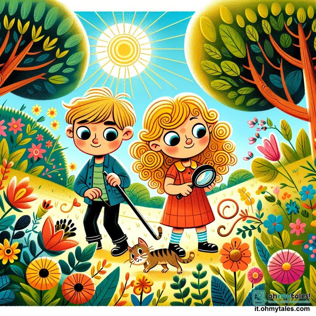 Une illustration destinée aux enfants représentant un garçon curieux et déterminé, accompagné de sa brillante amie aux riccioli biondi, enquêtant dans un jardin ensoleillé rempli de fleurs colorées et d'arbres majestueux à la recherche de leur cher chat disparu.