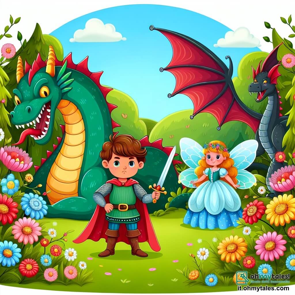 Une illustration destinée aux enfants représentant un jeune prince courageux, se tenant fièrement devant un dragon terrifiant, accompagné d'une fée bienveillante, dans un royaume enchanteur parsemé de fleurs multicolores et de collines verdoyantes.