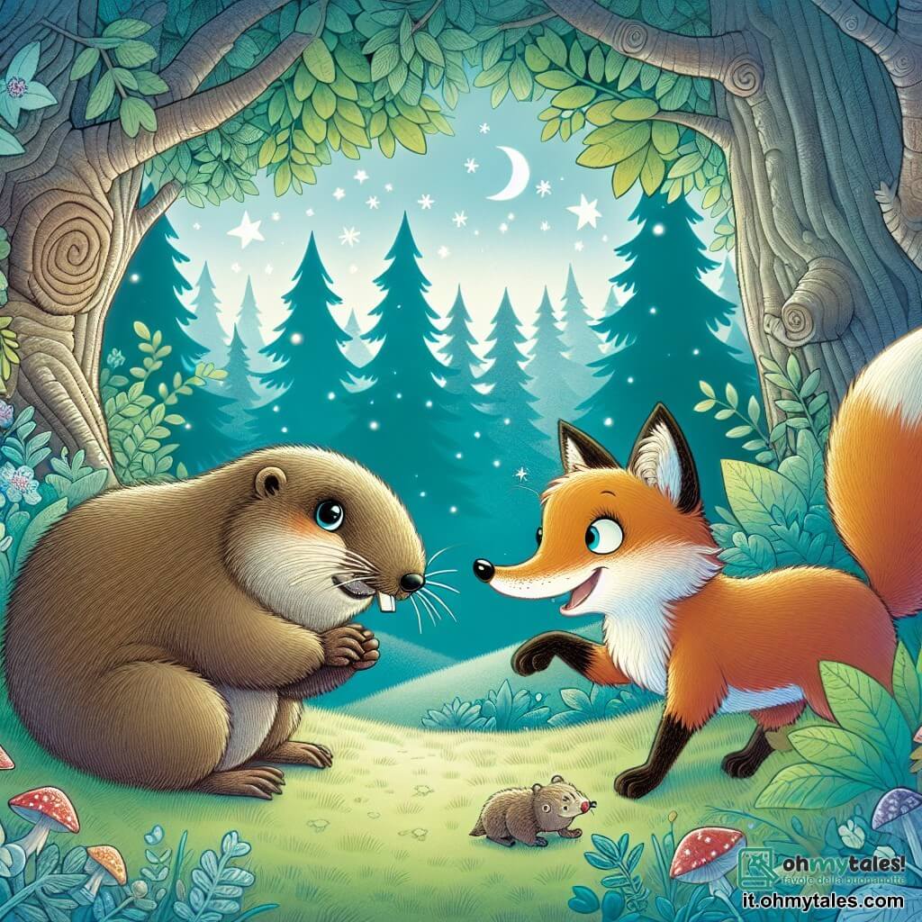 Une illustration destinée aux enfants représentant une marmotte espiègle, un renard curieux, dans une clairière enchantée, où se déroulent des aventures loufoques et amusantes avec des animaux.