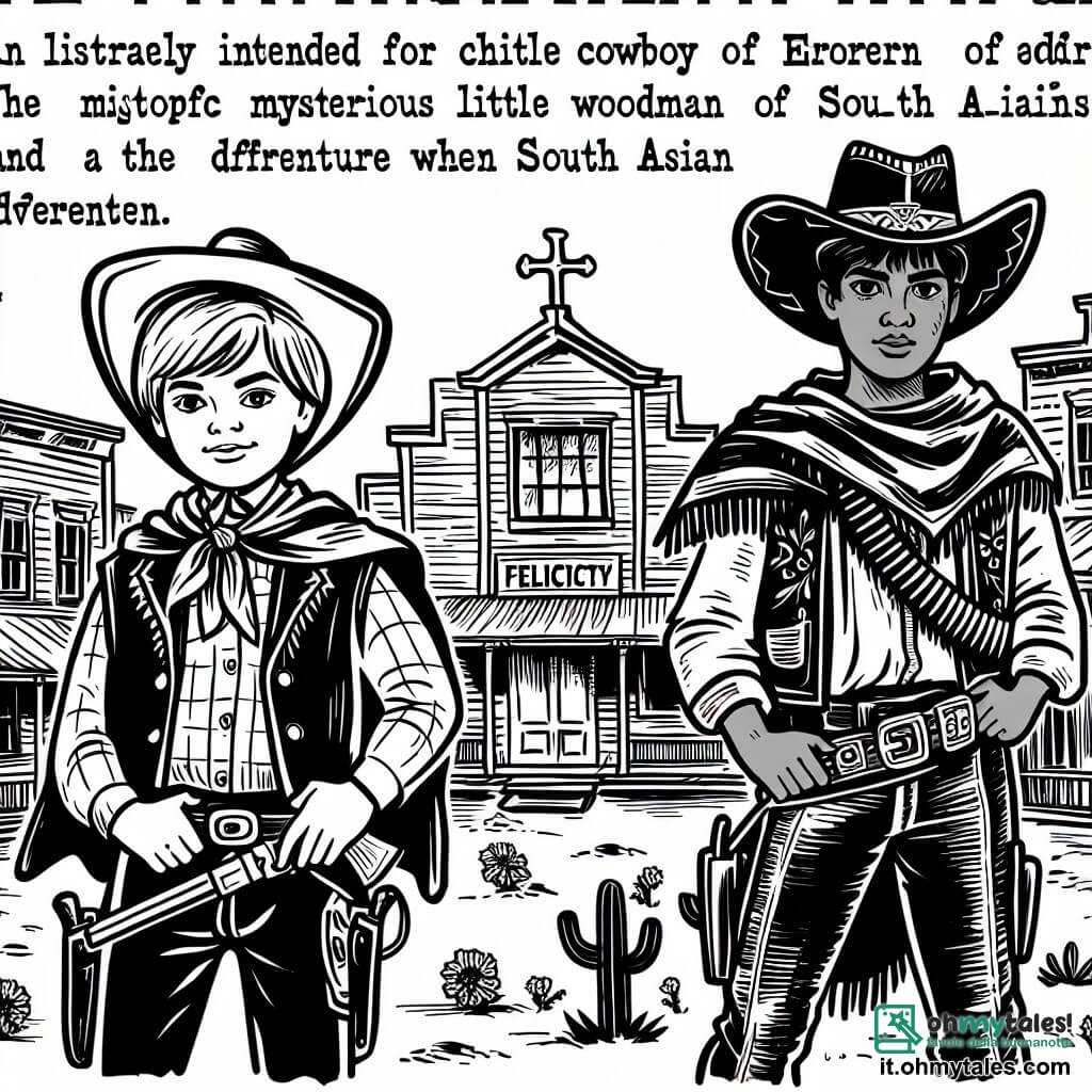 Une illustration destinée aux enfants représentant un jeune cow-boy courageux, un mystérieux forestier, et la pittoresque petite ville de Felicità, dans l'Ouest sauvage, où une aventure palpitante se déroule.
