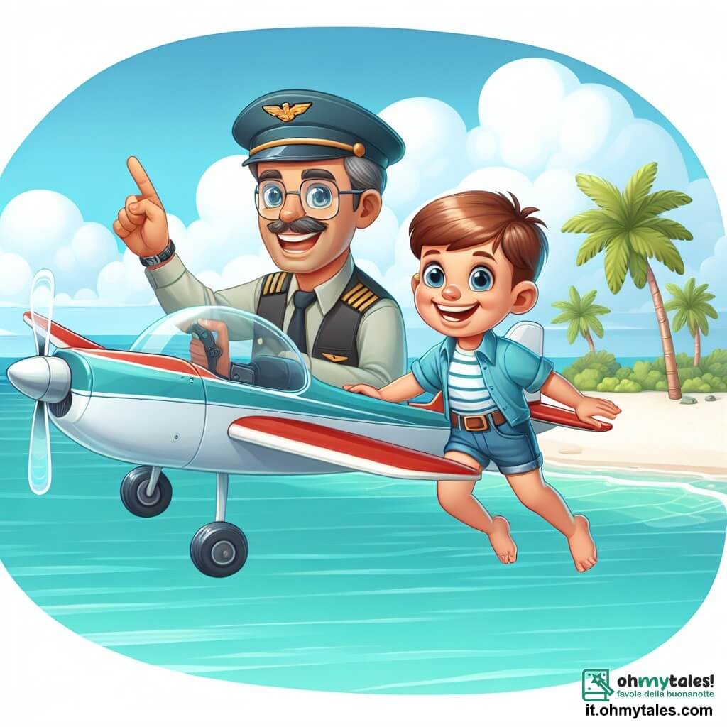 Une illustration destinée aux enfants représentant un jeune garçon passionné d'avions, faisant équipe avec un pilote chevronné, survolant une île tropicale aux plages de sable blanc et aux eaux cristallines.