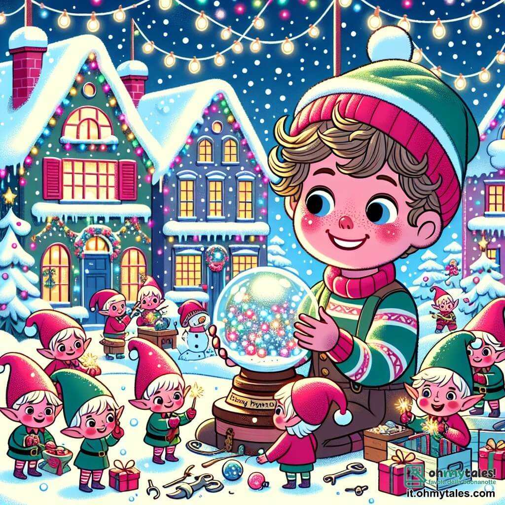 Une illustration sous forme de dessin destinée aux enfants représentant un village enneigé aux maisons colorées décorées de guirlandes lumineuses, avec un garçon de 12 ans aux cheveux bouclés et aux yeux pétillants, qui sourit en tenant une vieille boule à neige scintillante, entouré de petits elfes aux chapeaux pointus et aux joues roses, tous affairés à réparer des jouets éparpillés, illustrant la magie de Noël et l'esprit d'entraide dans un monde féerique.