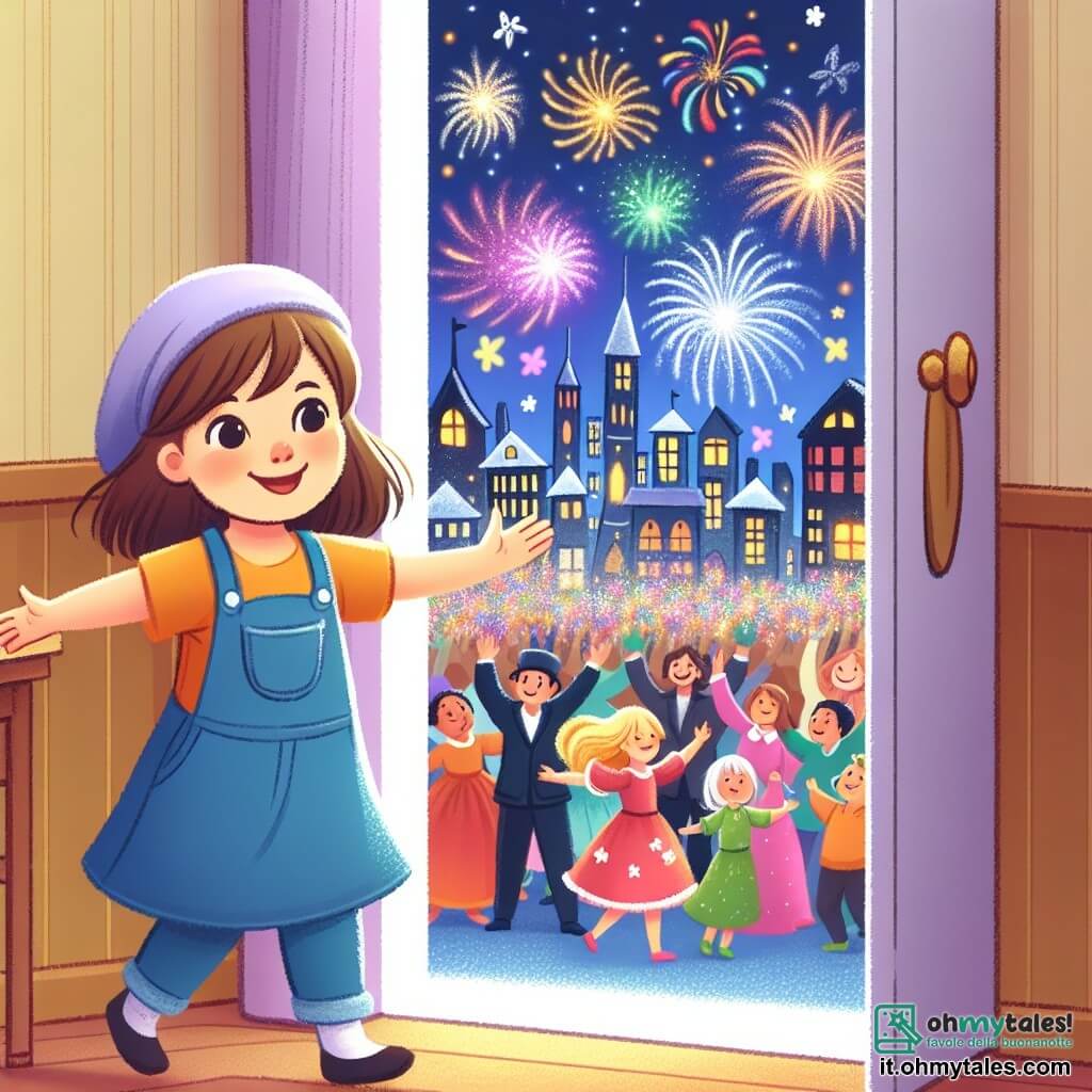 Une illustration destinée aux enfants représentant une jeune fille joyeuse et curieuse qui découvre une porte magique dans sa maison, la transportant dans une ville étincelante remplie de feux d'artifice, de couleurs vives et de personnes dansant et se serrant dans les bras, créant une atmosphère festive et enchanteresse.