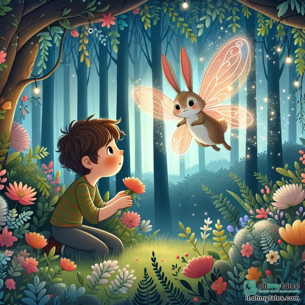 Une illustration destinée aux enfants représentant un garçon curieux découvrant un conigliofarfalla magico dans un bois enchanté plein de fiori colorati et di luce soffusa.
