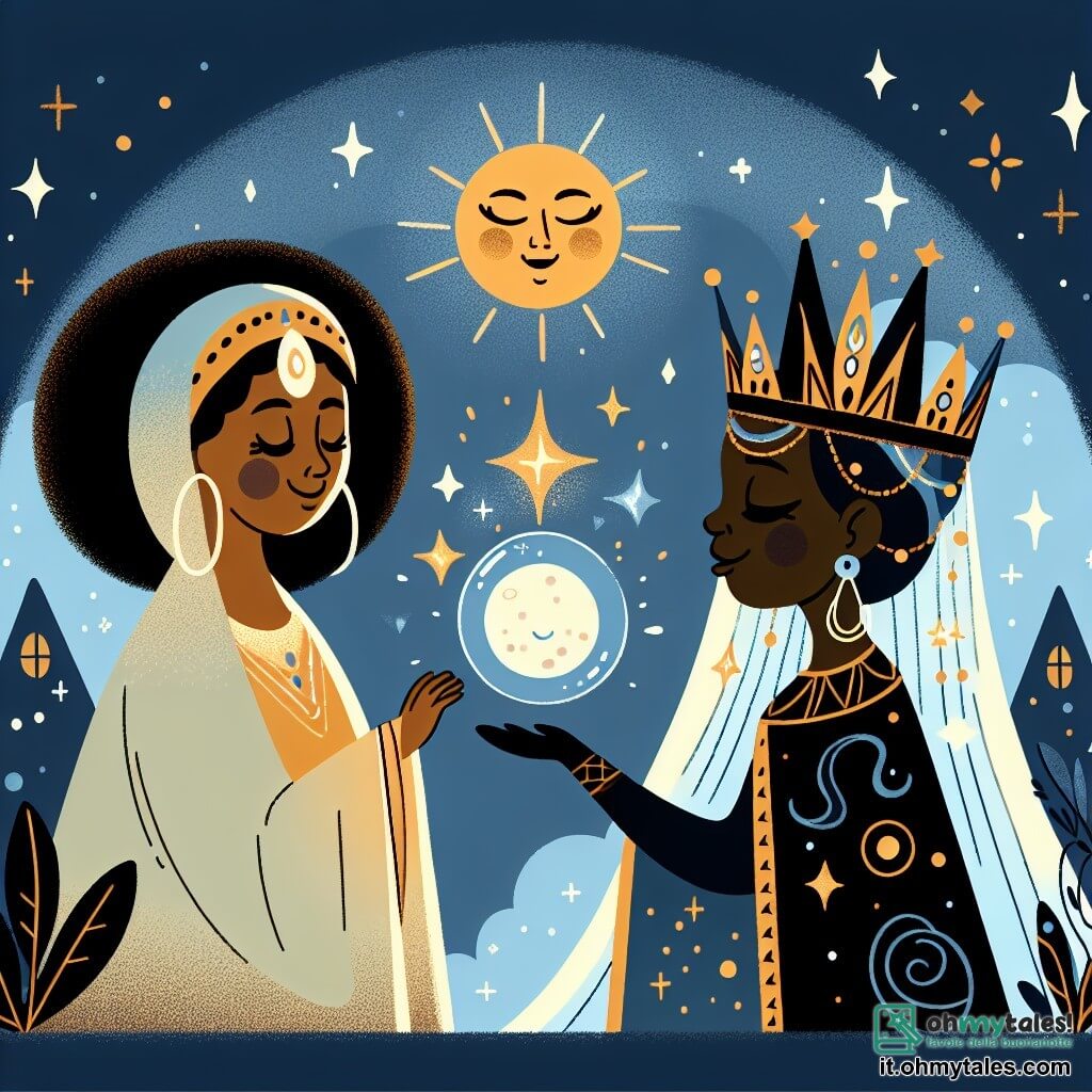 Une illustration destinée aux enfants représentant une femme sage et respectée, une rencontre magique avec une reine de la nuit, dans le mystérieux et envoûtant Villaggio del Sole, où la lune brille de mille feux.