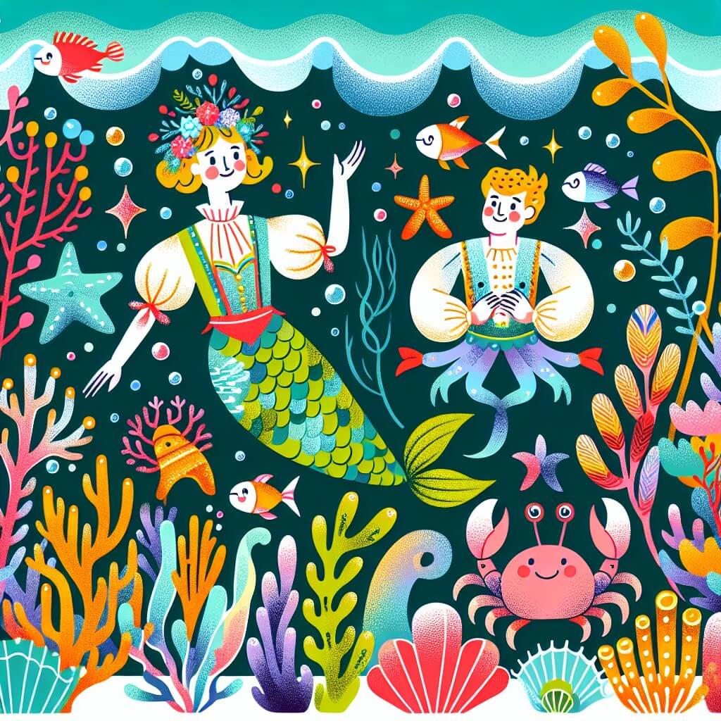 Une illustration destinée aux enfants représentant une sirène espiègle, accompagnée d'un adorable crabe, dans un jardin sous-marin coloré rempli de coraux chatoyants, d'algues dansantes et de poissons joyeux.