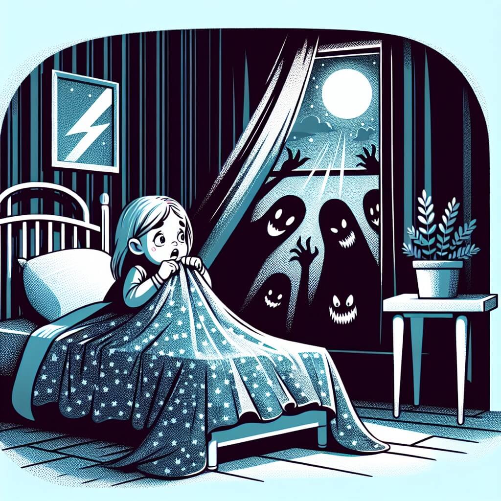 Une illustration destinée aux enfants représentant une petite fille tremblante et curieuse, cachée sous les couvertures de son lit, tandis que des ombres terrifiantes dansent sur les murs de sa chambre, avec pour seul compagnon un rayon de lune filtrant à travers la fenêtre.