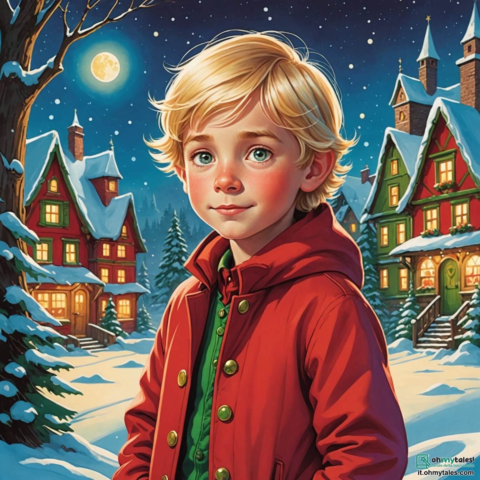 Une illustration destinée aux enfants représentant un garçon aux yeux pétillants et aux cheveux blonds, vêtu d'un manteau rouge vif, qui rêve de rencontrer le véritable Père Noël dans un village enchanté où la neige scintille comme des diamants sur les toits des maisons colorées, tandis qu'un petit elfe aux oreilles pointues et au chapeau vert l'accompagne dans cette aventure magique au cœur d'une forêt illuminée par des guirlandes scintillantes.