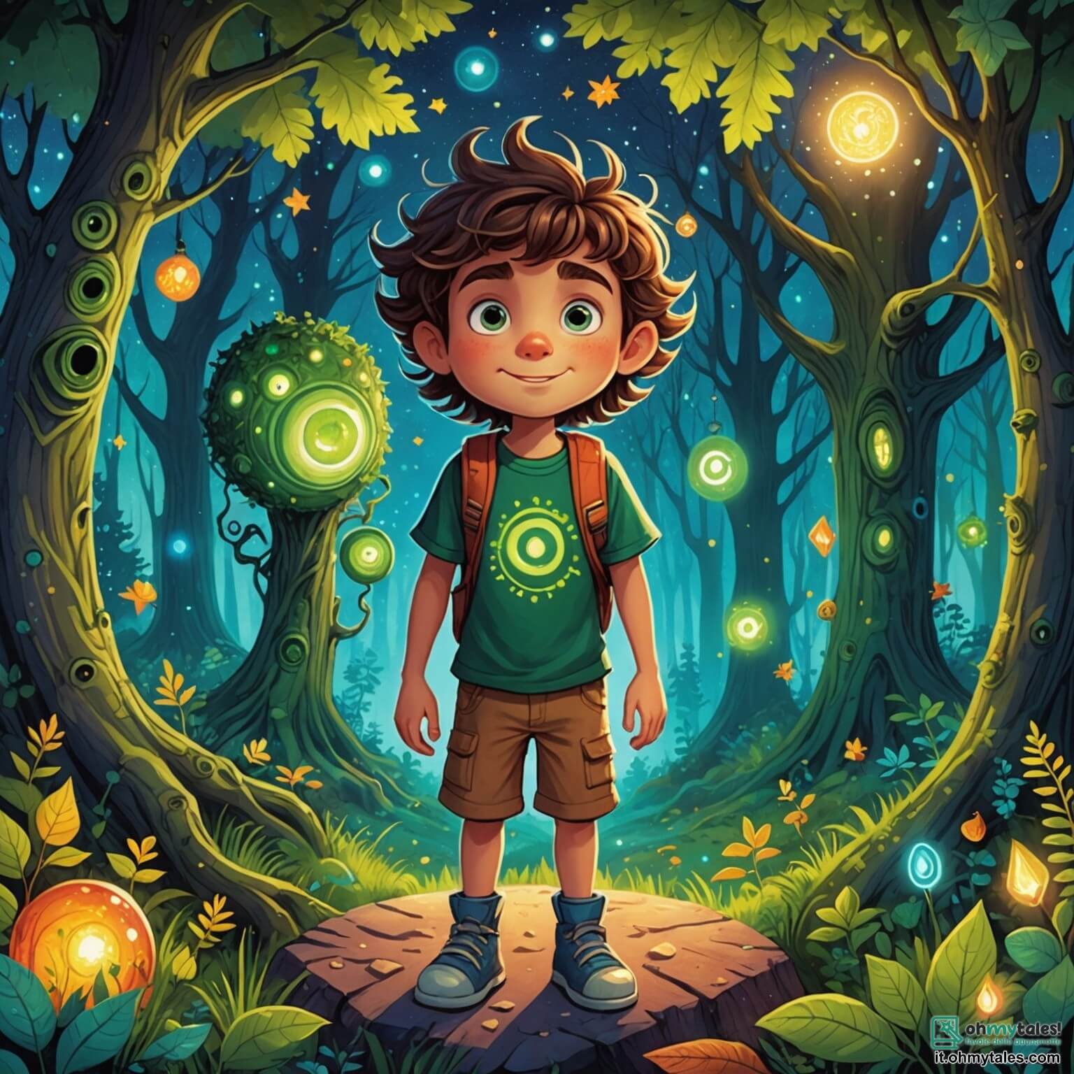 Une illustration destinée aux enfants représentant un garçon aux cheveux ébouriffés et aux yeux pétillants de curiosité, perdu dans une forêt enchantée où des arbres aux troncs colorés et aux feuilles scintillantes dansent sous un ciel étoilé, tandis qu'il découvre une mystérieuse pierre lumineuse entourée de symboles étranges, accompagné d'un extraterrestre vert à trois yeux, joyeux et amical, qui l'invite à explorer un monde fantastique au-delà des étoiles.