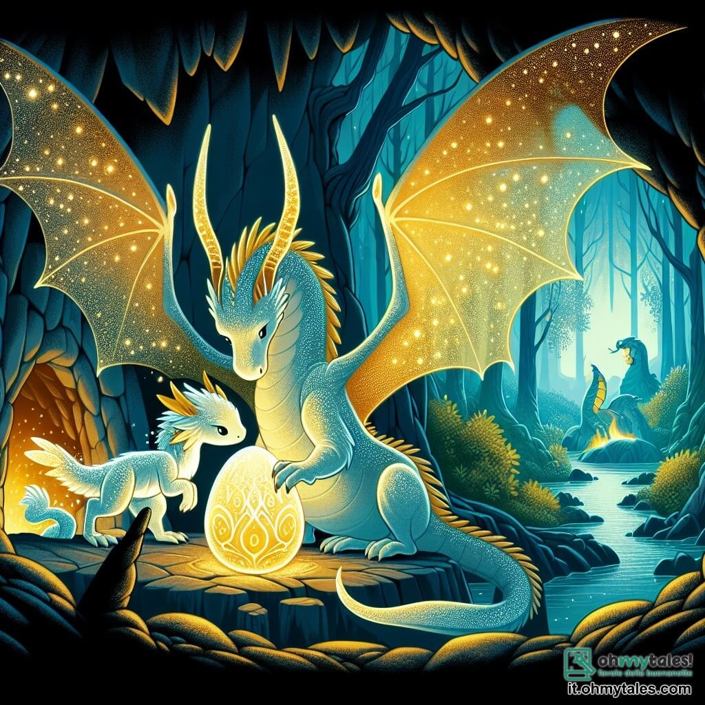 Une illustration destinée aux enfants représentant un dragon lumineux prenant soin d'un œuf doré, accompagné d'un jeune dragon aux ailes scintillantes, dans une mystérieuse caverna au cœur d'un bosco antico et magico.