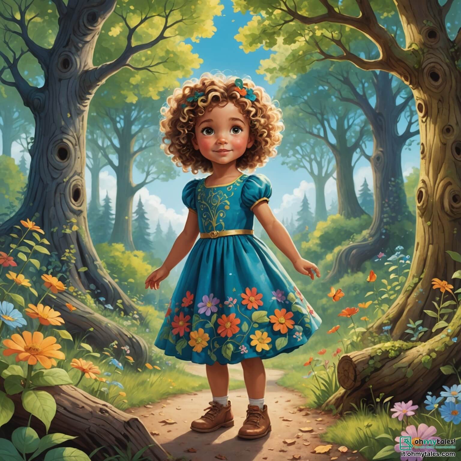 Une illustration destinée aux enfants représentant une petite fille de 2 ans aux cheveux bouclés et aux yeux pétillants, vêtue d'une robe colorée ornée de fleurs, qui se tient au bord d'une forêt enchantée où les arbres majestueux, aux troncs noueux et aux feuilles scintillantes, s'étendent vers un ciel bleu parsemé de nuages cotonneux, tandis qu'elle s'apprête à partir à l'aventure avec son ami, un petit garçon aux cheveux blonds et aux joues roses, qui la regarde avec émerveillement, tous deux déterminés à explorer les mystères cachés de ce monde magique rempli de fleurs multicolores, de papillons dansants et de ruisseaux murmurants.