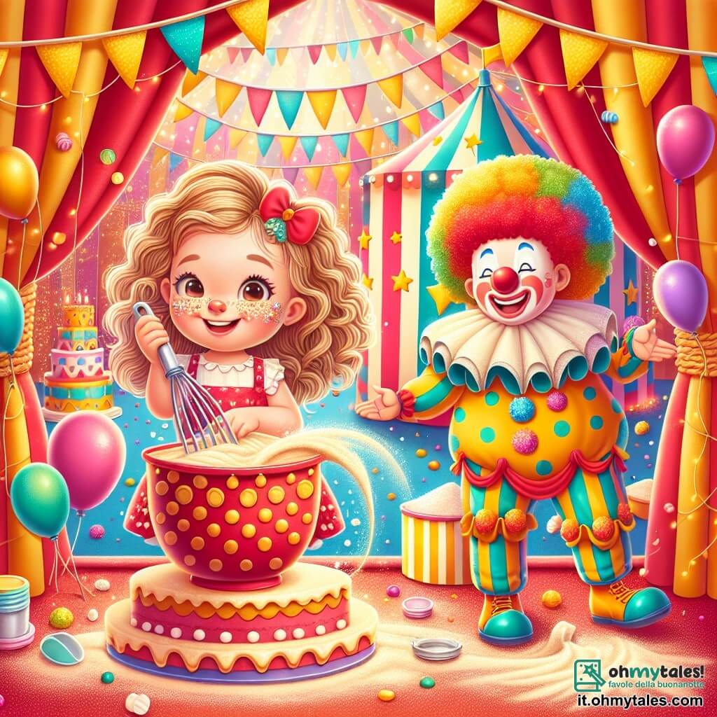 Une illustration sous forme de dessin destinée aux enfants représentant l'intérieur d'un cirque coloré et joyeux, avec des tentes rayées de rouge et de jaune, où une petite fille de 1 an aux cheveux bouclés et aux yeux pétillants, couverte de farine et de sucre, rit en tournant une grande spatule dans un bol de pâte à gâteau, tandis qu'un clown joyeux avec un nez rouge et des vêtements multicolores, tenant une assiette de confettis, l'encourage avec un grand sourire, le tout dans une ambiance festive remplie de ballons et de guirlandes scintillantes.