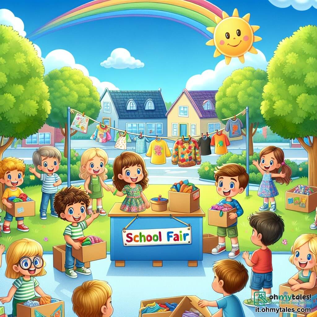 Illustrazione che rappresenta una scena animata e colorata di una piccola fiera scolastica in un parco soleggiato. Il cielo è di un blu splendente, punteggiato da nuvole bianche e soffici, e alberi verdi circondano il luogo. Al centro, un grande tavolo decorato con colori vivaci è pieno di scatole di cibo e vestiti, con un grande cartello di cartone che recita "Insieme per aiutare!" in lettere gioiose. Un ragazzo di circa sette anni, con capelli castani e ricci, sorride ampiamente mentre tiene un cartone pieno di vestiti. Accanto a lui, una ragazza della stessa età, con occhiali tondi e un vestito a fiori, si impegna ad appendere disegni colorati al cartello. Un altro ragazzo, più grande, con capelli biondi e una camicia a righe, si trova su un piccolo gradino per raccontare una barzelletta a un gruppo di bambini divertiti. Infine, una ragazza con lunghi capelli castani, vestita con una maglietta colorata, canta gioiosamente su un piccolo palco, attirando l'attenzione dei passanti. L'atmosfera è festosa e piena di vita, con bambini che ridono e applaudono, e genitori sorridenti che portano doni. Palloncini colorati fluttuano nell'aria, aggiungendo un tocco di allegria a questa scena di solidarietà e aiuto reciproco.