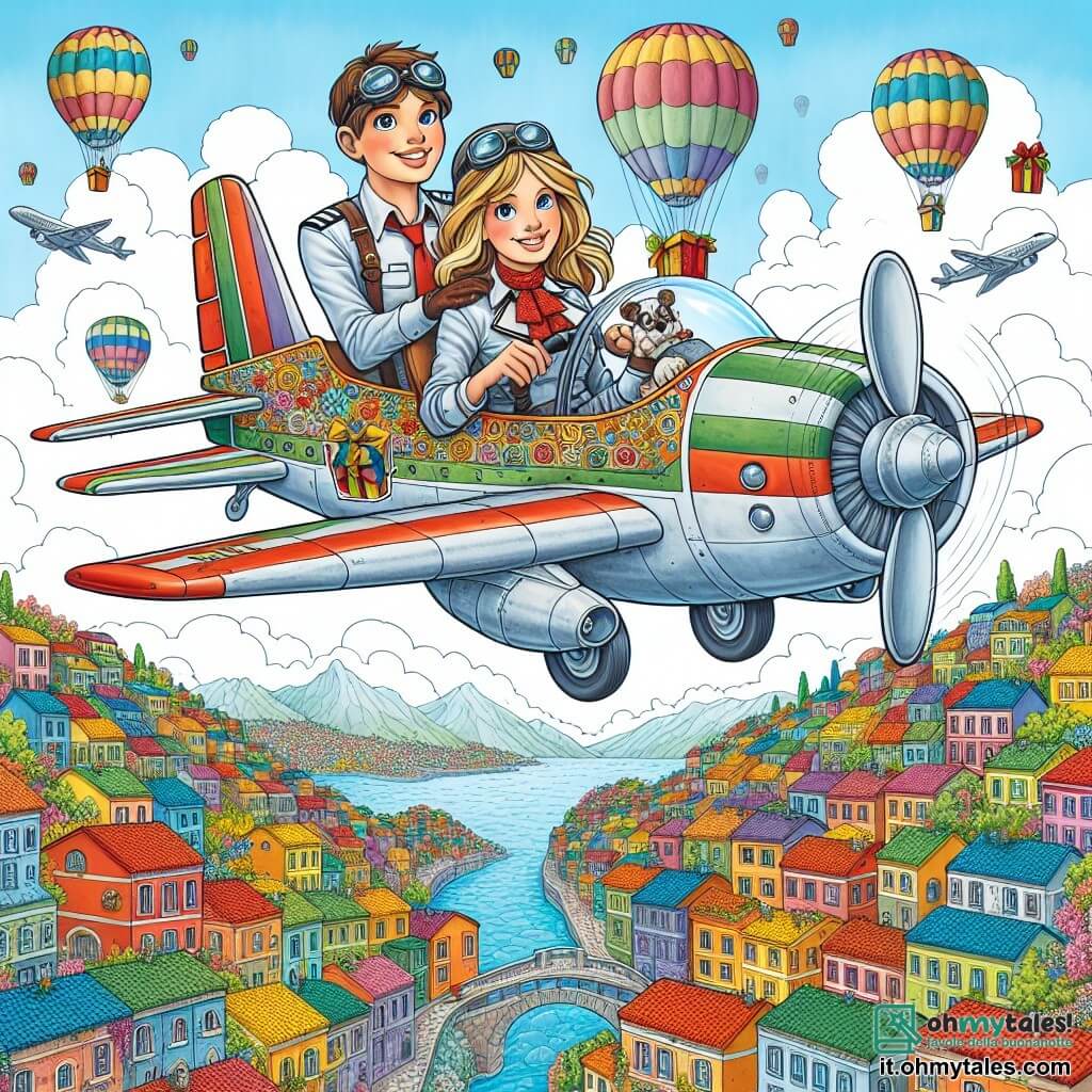 Une illustration destinée aux enfants représentant une pilote d'avion audacieuse, accompagnée de son jeune copilote, survolant la ville colorée d'Arcobaleno avec des maisons aux toits multicolores et des jardins fleuris, tandis qu'ils larguent des boîtes de surprises pour les enfants émerveillés en contrebas.