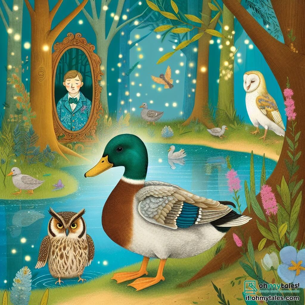 Une illustration destinée aux enfants représentant un canard garçon au piumaggio non brillant, confronté au rejet de ses pairs, accompagné d'un gufo sage dans un bosco incantato avec un laghetto scintillant.