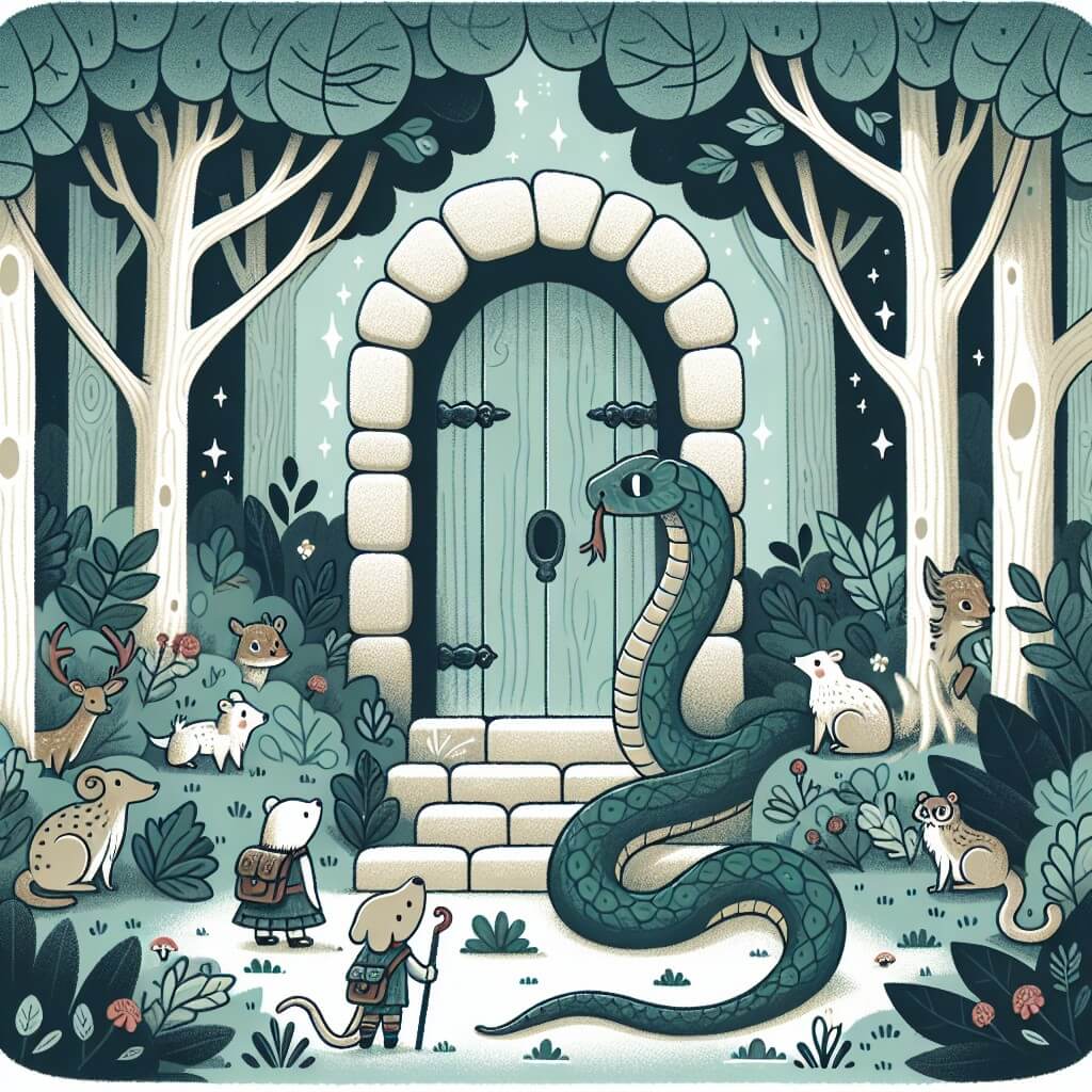 Une illustration destinée aux enfants représentant un serpent curieux, se tenant devant une porte en pierre dans une forêt dense et magique, accompagné d'animaux amis, dans une quête pour trouver un trésor légendaire.