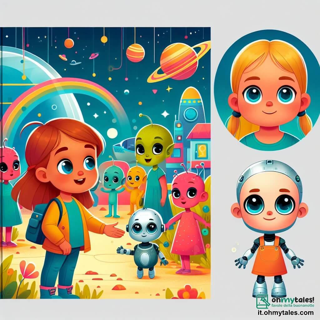 Une illustration destinée aux enfants représentant une fillette curieuse à la rencontre d'adorables extraterrestres, accompagnée d'un petit robot aux yeux brillants, dans un village spatial coloré et animé de l'autre côté de la galaxie.