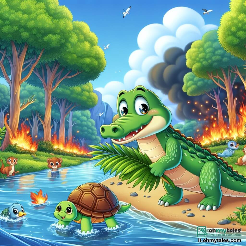 Illustrazione che rappresenta una scena vibrante lungo un grande fiume scintillante, circondato da una foresta lussureggiante dove gli alberi con foglie verdi brillano sotto il sole. In primo piano, un giovane coccodrillo dal pelo verde smeraldo, con grandi occhi curiosi e un sorriso amichevole, trasporta una grande foglia di palma piena d'acqua, pronto a combattere un incendio. Accanto a lui, una piccola tartaruga con un guscio marrone e occhi scintillanti, che sembra preoccupata ma determinata, osserva il coccodrillo con ammirazione. Sullo sfondo, fiamme danzano tra gli alberi, mentre animali della foresta, come uccelli colorati e scoiattoli, guardano la scena con speranza. L'atmosfera è sia tesa che piena di coraggio, illustrando lo spirito di amicizia e solidarietà di fronte all'avversità.