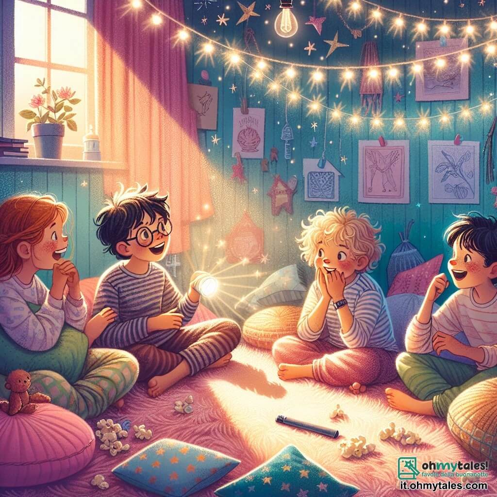 Illustrazione che rappresenta una scena accogliente in un salotto decorato per un pigiama party. Le pareti sono dipinte in colori pastello e delle luci decorative brillano sopra un grande tappeto morbido. Al centro, quattro bambini sono seduti in cerchio sul pavimento, circondati da cuscini colorati e coperte. Un ragazzo di 10 anni, con i capelli castani disordinati e occhiali, racconta una storia con un grande sorriso, gli occhi brillanti di eccitazione. Accanto a lui, un ragazzo di 9 anni, con i capelli biondi e lentiggini, ascolta attentamente, una mano sul mento, con un'aria pensierosa. Un altro ragazzo di 10 anni, con i capelli neri e un'espressione determinata, tiene una torcia che illumina il volto del suo amico. Infine, una ragazza di 9 anni, con lunghi capelli ricci, ride gioiosamente, gli occhi brillanti di malizia. La stanza è immersa in una dolce penombra, creando un'atmosfera misteriosa e confortante. Ombre danzano sui muri, mentre una piccola lampada proietta stelle sul soffitto, aggiungendo un tocco magico alla scena. Pacchetti di popcorn e bevande sono sparsi intorno a loro, testimoniando una serata piena di risate e avventure.