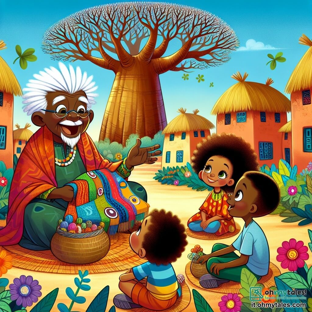 Une illustration sous forme de dessin destinée aux enfants représentant un village africain vibrant, avec des maisons en terre cuite et un grand baobab au centre, où un homme âgé aux cheveux blancs et à la peau sombre, assis sur un tapis coloré, raconte des histoires aux enfants, une fille aux cheveux crépus et vifs, tenant une écharpe colorée qu'elle a tissée, et un garçon aux yeux pétillants qui écoute attentivement, entourés de fleurs éclatantes et d'un ciel bleu éclatant, illustrant la magie de la diversité culturelle et l'importance de partager des histoires.