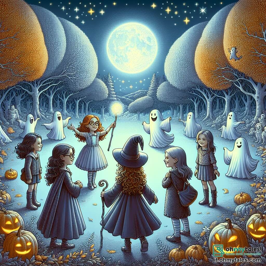 Illustrazione che rappresenta una radura incantata sotto la luce argentata della luna piena, circondata da alberi maestosi con foglie dorate e arancioni, creando un'atmosfera magica e misteriosa. Al centro della scena, tre ragazze di circa 10 anni si tengono in cerchio: una ha i capelli ricci e lucenti, indossa occhiali rotondi e un costume da strega, sorridente e curiosa; la seconda ha i capelli lunghi e lisci, con un bastone da passeggio in mano, mostrando un'espressione determinata; la terza ha i capelli corti, con un volto che brilla di entusiasmo, vestita da fantasma. Sono circondate da piccoli fantasmi amichevoli che danzano intorno a loro, mentre un piccolo fantasma luminoso, fluttuando gioiosamente, mostra loro un cappello magico scintillante. Zucche sorridenti e stelle scintillanti completano l'atmosfera festiva di Halloween, creando una scena piena di gioia e avventura.