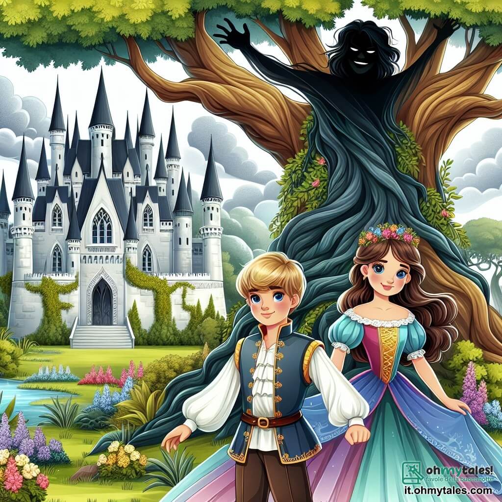 Une illustration sous forme de dessin destinée aux enfants représentant un majestueux château en pierre blanche, entouré de jardins fleuris et d'arbres verdoyants, où un jeune prince aux cheveux dorés et aux yeux bleus, vêtu d'une tunique élégante, se tient courageusement devant un grand arbre ancien, tandis qu'une belle princesse aux longs cheveux bruns, vêtue d'une robe colorée, l'encourage avec un sourire, alors qu'ils se préparent à affronter un maléfique stregone dont l'ombre menaçante plane sur eux, symbolisant l'amour et le courage nécessaires pour sauver leur royaume.