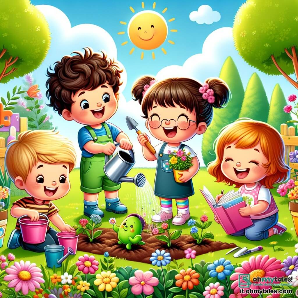 Illustrazione che rappresenta un giardino scolastico soleggiato, pieno di fiori colorati e piccole piante verdi che spuntano dal terreno. Al centro, un gruppo di quattro bambini, due maschi e due femmine, è impegnato in un'attività. Il primo ragazzo, di cinque anni, ha i capelli castani e ricci, sorride mentre tiene una piccola pala di plastica, pronto a piantare semi. Il secondo ragazzo, anch'egli di cinque anni, ha i capelli biondi e indossa una maglietta blu, versa acqua con un annaffiatoio, concentrato sul suo compito. La prima ragazza, di cinque anni, ha due trecce e indossa un vestito a fiori, prende appunti su un piccolo quaderno, mostrando un'espressione entusiasta. La seconda ragazza, di cinque anni, ha i capelli castani e indossa una maglietta rosa, ride mentre tiene un secchio, pronta a svuotare l'acqua. La scena mostra i bambini che lavorano insieme nel giardino, circondati da attrezzi da giardinaggio colorati, con nuvole bianche che fluttuano in un cielo azzurro chiaro. Sullo sfondo, si possono vedere alberi verdi e la facciata di una scuola dipinta in modo gioioso. L'atmosfera è allegra e dinamica, illustrando lo spirito di amicizia e cooperazione tra i bambini.