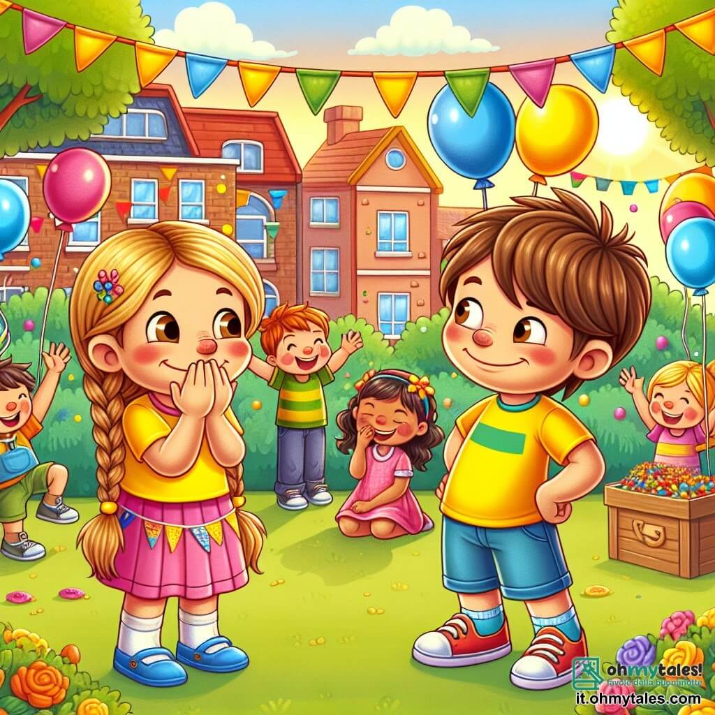 Illustrazione che rappresenta una scena gioiosa in un cortile scolastico soleggiato, decorato con palloncini colorati e festoni. Al centro, un ragazzo di 5 anni con capelli castani disordinati, indossa una maglietta gialla brillante e pantaloni blu, in piedi con un'espressione un po' imbarazzata, le mani sui fianchi, mentre guarda i suoi amici. Accanto a lui, altri due bambini: una ragazza di 5 anni con lunghi capelli biondi intrecciati, indossa un vestito rosa e sorride gentilmente, e un ragazzo di 6 anni con capelli castani, vestito con una maglietta verde, che alza le braccia in segno di incoraggiamento. La situazione principale mostra il ragazzo che confessa una piccola bugia ai suoi amici, circondato da risate e sorrisi, mentre nel retro si svolgono giochi e attività, come una caccia al tesoro e bambini che giocano insieme. Elementi grafici aggiuntivi includono disegni di frutti colorati in ceste e disegni di animali felici sui muri della scuola, creando un'atmosfera di festa e di amicizia.