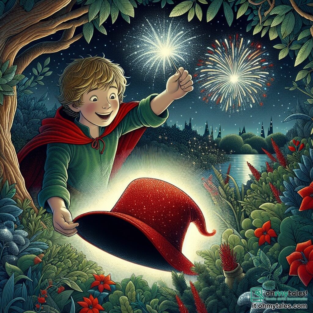 Une illustration destinée aux enfants représentant un jeune garçon plein d'enthousiasme, découvrant un mystérieux chapeau rouge à paillettes sur une branche d'arbre, dans un jardin verdoyant illuminé par les feux d'artifice de la fête du Nouvel An.