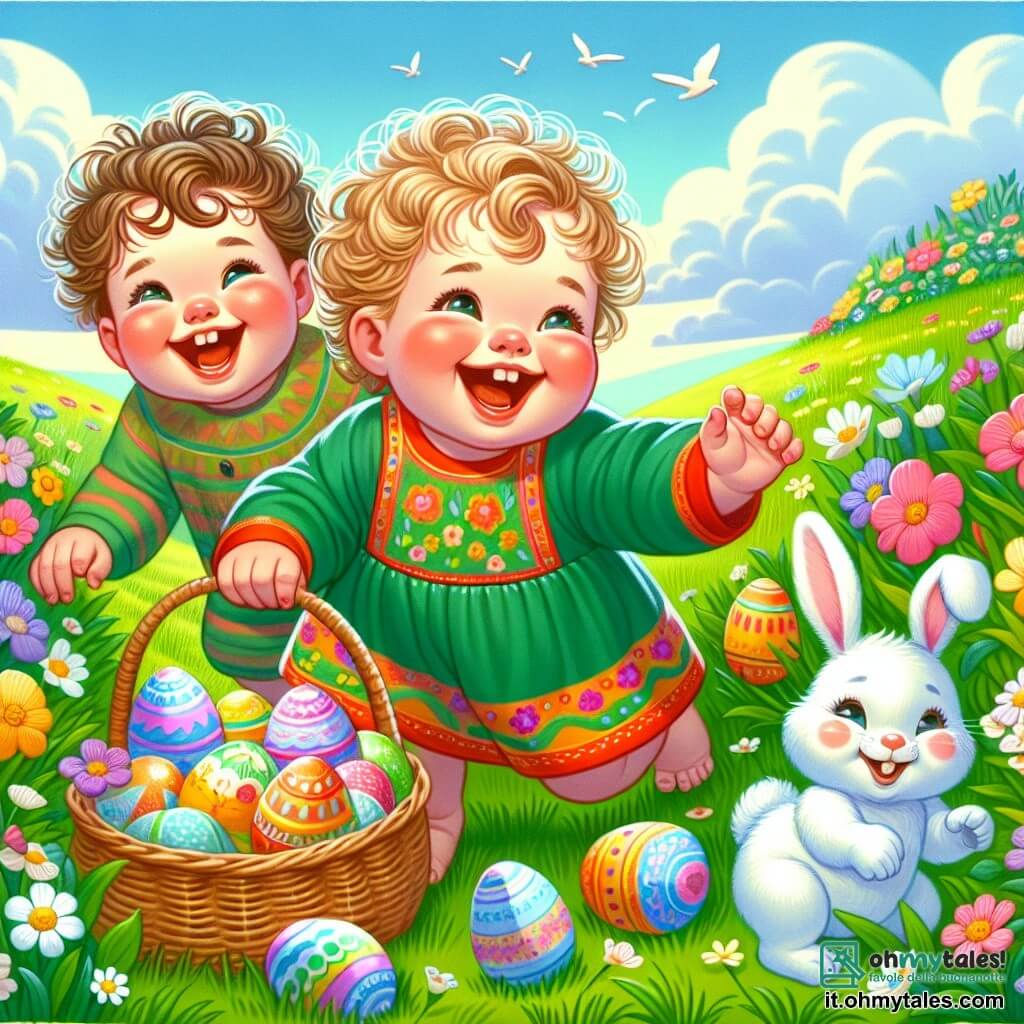 Une illustration sous forme de dessin destinée aux enfants représentant un champ verdoyant et ensoleillé, avec un groupe de deux enfants de 1 an, un garçon aux cheveux bouclés et une robe colorée, riant joyeusement en cherchant des œufs de Pâques cachés parmi des fleurs éclatantes, tandis qu'un petit lapin blanc aux grandes oreilles les observe avec un sourire malicieux, le tout entouré de paniers en osier remplis d'œufs colorés et d'un ciel bleu parsemé de nuages doux.