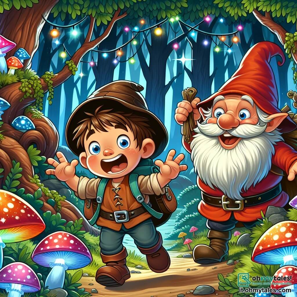 Une illustration destinée aux enfants représentant un jeune garçon maladroit et plein d'enthousiasme se lançant dans une quête fantastique pour récupérer un trésor volé, accompagné d'un lutin farceur à la barbe rousse, dans la forêt enchantée aux arbres dansants et aux champignons lumineux de toutes les couleurs.