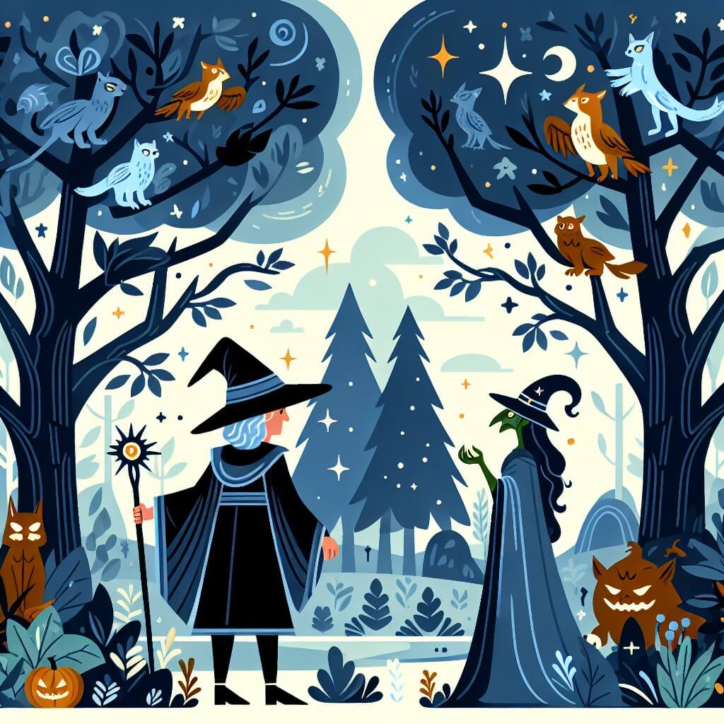 Une illustration destinée aux enfants représentant un sorcier puissant et mystérieux, se trouvant face à une sorcière maléfique, dans une forêt enchantée avec des arbres majestueux et des animaux magiques.