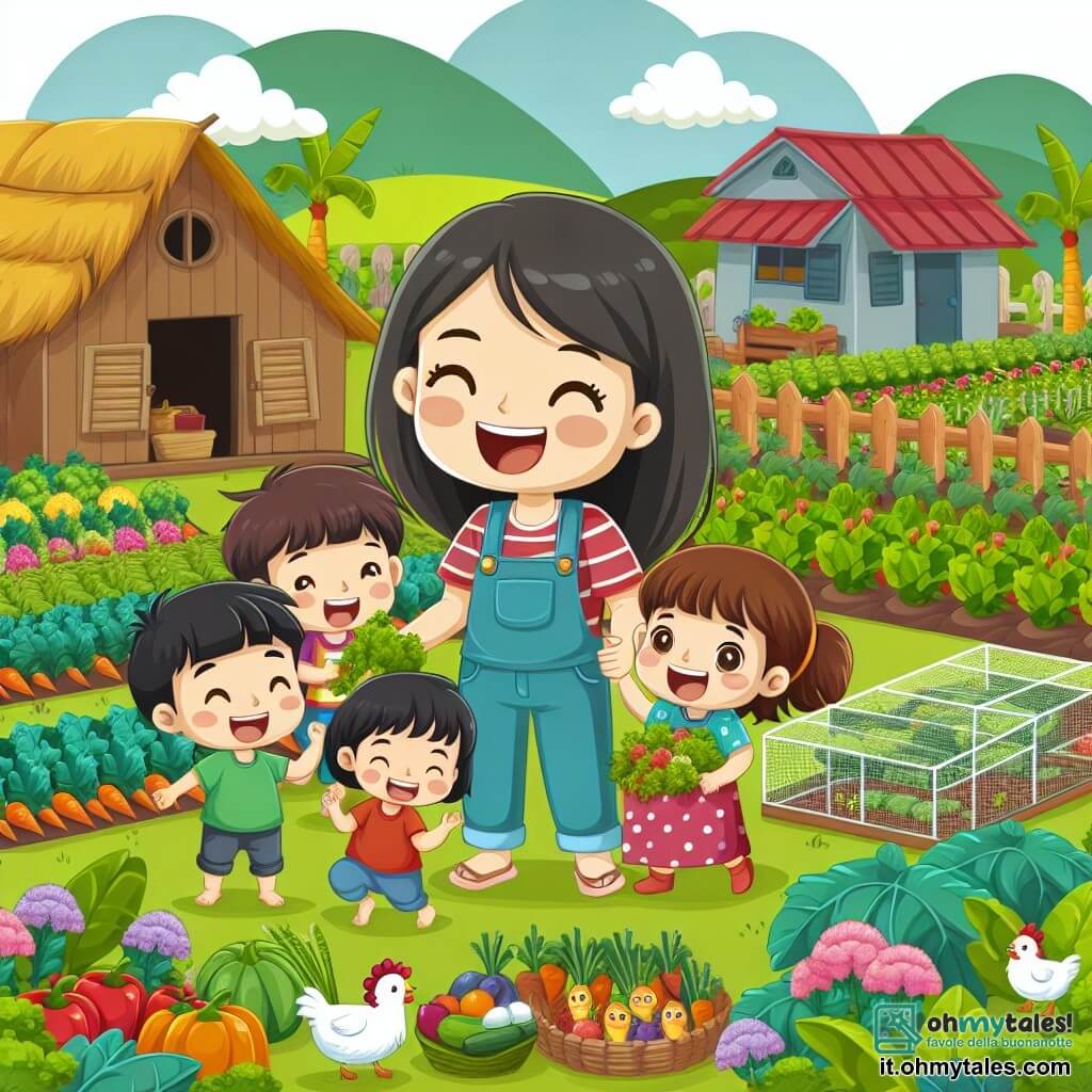 Une illustration destinée aux enfants représentant une jeune femme passionnée par l'agriculture, entourée de joyeux enfants du village, travaillant joyeusement dans sa ferme entourée de champs verdoyants, d'un grand potager coloré et d'un petit pollaio animé.