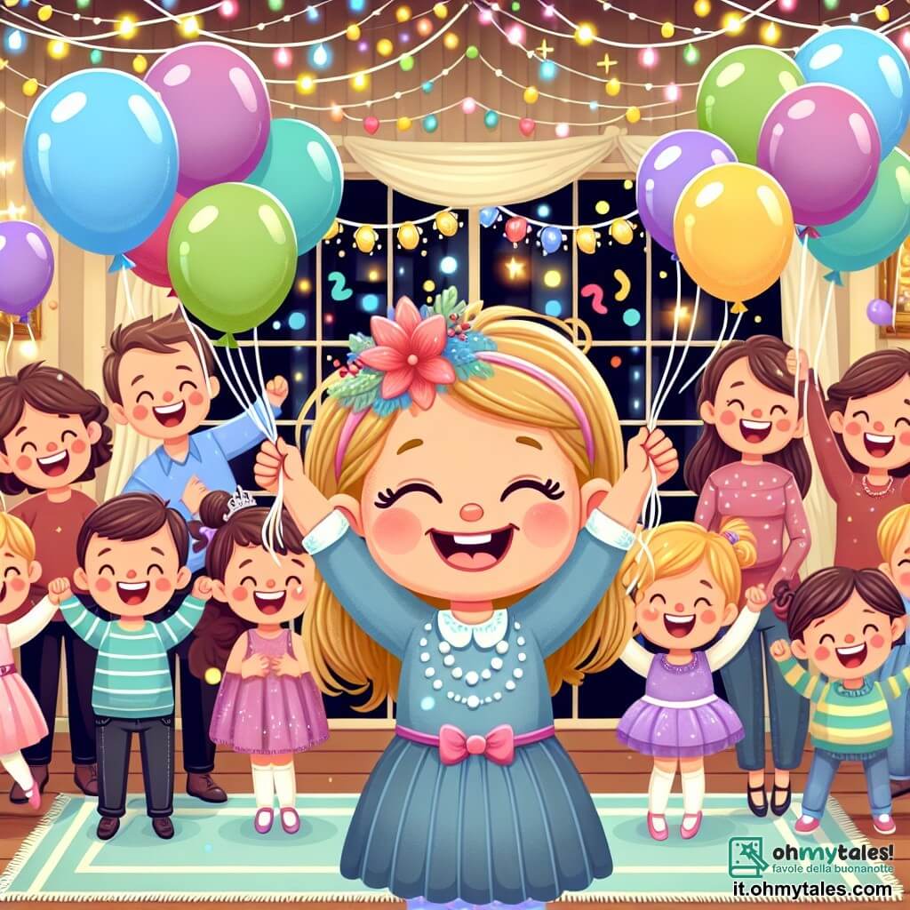 Une illustration destinée aux enfants représentant une fillette étincelante de bonheur, vivant une grande fête du nouvel an avec sa famille et ses amis, entourée de ballons colorés dans une maison décorée de guirlandes scintillantes et de lumières festives.