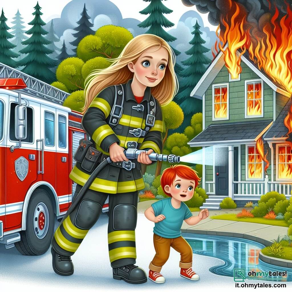 Une illustration destinée aux enfants représentant une femme pompière courageuse en train d'éteindre un incendie dans une petite maison en flammes, accompagnée d'un jeune garçon curieux, entourés par le camion rouge des pompiers et les arbres verdoyants de la ville de Campobello.
