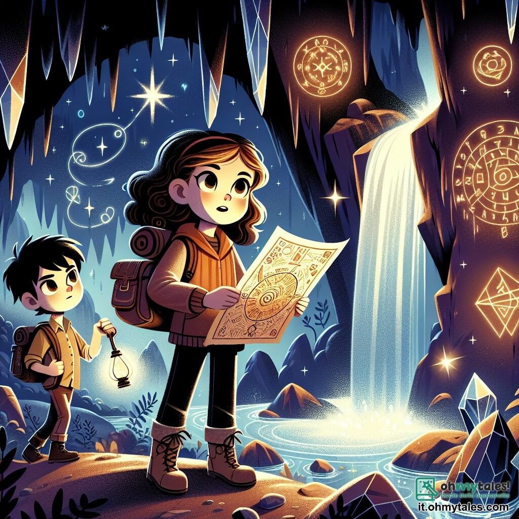 Illustrazione che rappresenta una caverna misteriosa, con pareti decorate da simboli antichi e cristalli scintillanti che riflettono la luce di una torcia. All'interno, una ragazza di circa undici anni, con capelli castani e ricci, porta uno zaino pieno di strumenti di esplorazione. Ha uno sguardo determinato e tiene in mano una mappa antica, esaminando attentamente i dettagli. Accanto a lei, un ragazzo di circa dodici anni, con capelli neri e occhi vivaci, sta scrivendo appunti in un piccolo quaderno, mostrando un'espressione concentrata. Sullo sfondo, una cascata d'acqua scintillante si riversa all'ingresso della caverna, aggiungendo un tocco di magia alla scena. L'atmosfera è carica di eccitazione e mistero, con ombre danzanti create dalla luce della torcia, suggerendo l'avventura che li attende.