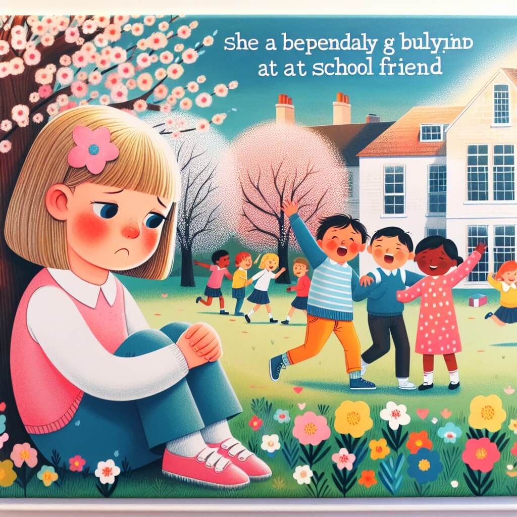 Une illustration destinée aux enfants représentant une petite fille triste et solitaire, confrontée à l'intimidation à l'école, trouvant finalement un ami bienveillant, dans une cour d'école colorée avec des arbres en fleurs et des enfants qui jouent joyeusement.