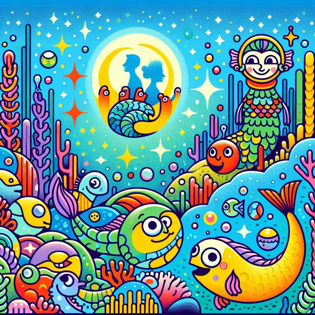 Une illustration destinée aux enfants représentant une sirène espiègle et curieuse découvrant un joyeux groupe de créatures marines rigolotes dans un récif de corail multicolore au fond d'un océan scintillant.