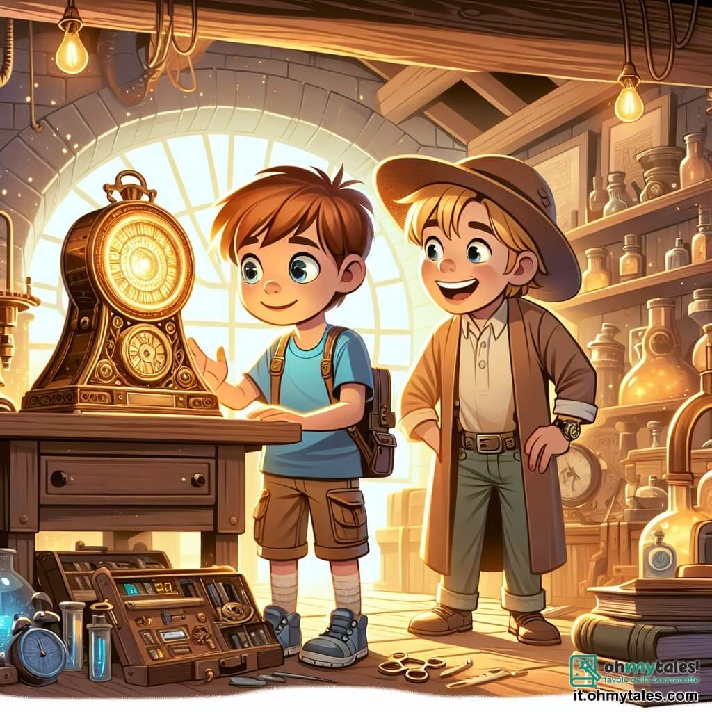 Une illustration sous forme de dessin destinée aux enfants représentant un laboratoire ancien rempli d'outils scientifiques et de livres poussiéreux, où un garçon de 9 ans aux cheveux châtains et aux yeux pétillants, vêtu d'un t-shirt bleu et d'un pantalon cargo, examine avec curiosité un mystérieux dispositif lumineux en forme d'horloge, tandis qu'à ses côtés, un jeune garçon aux cheveux blonds et au grand chapeau de paille, souriant et vêtu d'une tunique simple, lui explique avec enthousiasme comment utiliser la machine pour voyager dans le temps, le tout baigné dans une lumière dorée qui évoque l'aventure et la découverte.