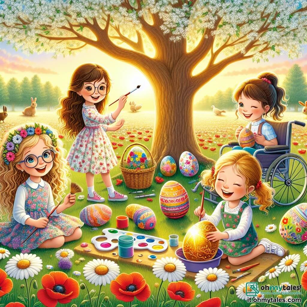 Illustrazione che rappresenta una scena gioiosa in un campo fiorito, baciato dalla luce dorata del sole primaverile. Il terreno è cosparso di fiori colorati: margherite bianche, papaveri rossi e bluette vivaci, mentre un grande albero maestoso si erge al centro, con rami carichi di foglie verdi e fiori. In primo piano, quattro ragazze, di circa 8-10 anni, sono riunite. Una di esse, con lunghi capelli castani e occhiali, indossa un vestito a fiori e tiene un pennello in una mano, dipingendo un uovo di Pasqua colorato. Un'altra, con capelli biondi ricci, è seduta sull'erba, ridendo e tenendo un uovo decorato con motivi colorati. La terza, con capelli castani legati in coda di cavallo, sorride tenendo una tavolozza di colori, mentre l'ultima, che utilizza una sedia a rotelle, ha un grande sorriso e mostra un uovo lucente che emette una luce dorata. La scena principale mostra le ragazze mentre decorano uova di Pasqua, circondate da uno spirito di amicizia e creatività. Sullo sfondo, animali da fattoria, come conigli e pulcini, aggiungono un tocco di magia alla scena. Palloncini colorati fluttuano nell'aria e ghirlande di fiori sono appese ai rami dell'albero, creando un'atmosfera festosa e gioiosa.