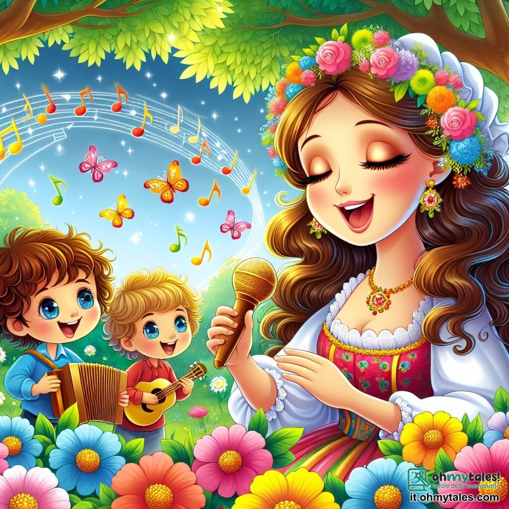 Une illustration destinée aux enfants représentant une femme au sourire radieux, sa voix douce flottant dans l'air comme une mélodie enchantée, qui se prépare à donner un concert dans son jardin coloré, entouré de fleurs éclatantes et d'arbres aux feuilles dansantes, tandis que deux enfants, une fille aux yeux pétillants et un garçon aux cheveux bouclés, l'écoutent avec émerveillement, impatients de chanter à ses côtés.