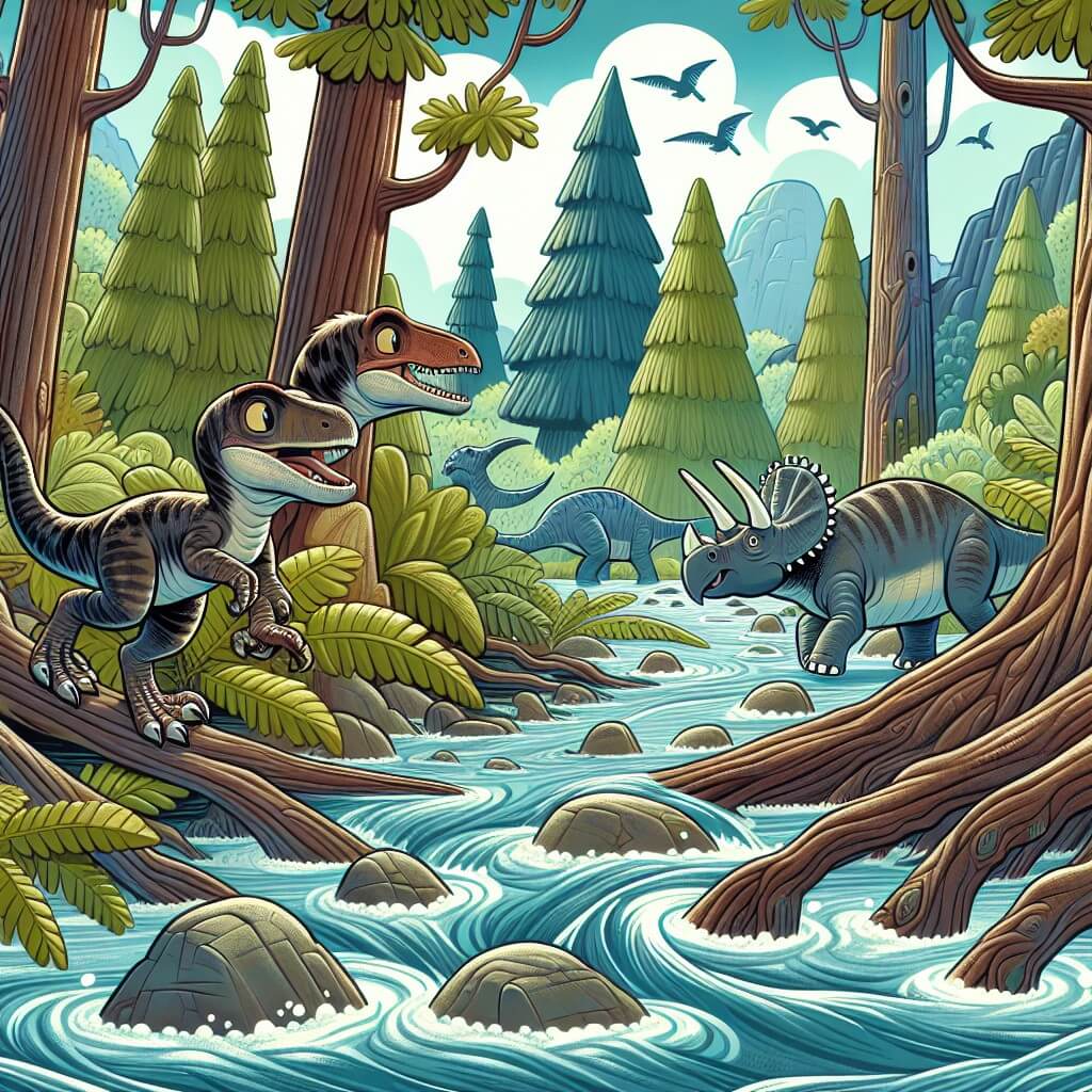 Une illustration destinée aux enfants représentant un vélociraptor espiègle se perdant dans une dense forêt préhistorique, accompagné d'un adorable tricératops, à la recherche de son chemin parmi les majestueux arbres et les rivières tumultueuses.