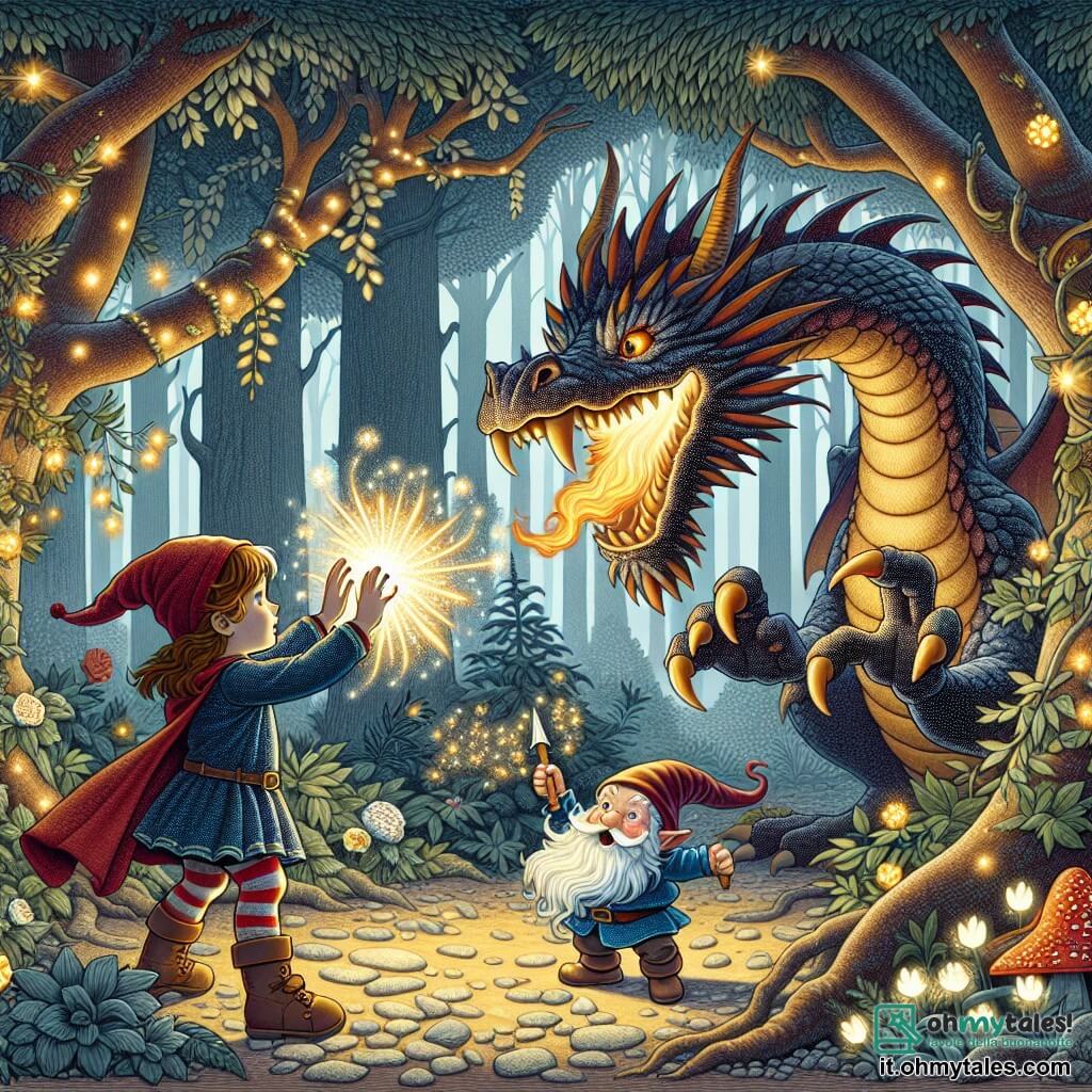 Une illustration destinée aux enfants représentant une fillette courageuse affrontant un dragon cracheur de feu avec l'aide d'un petit lutin malicieux, dans une forêt enchantée aux arbres géants aux feuilles scintillantes et aux fleurs lumineuses.