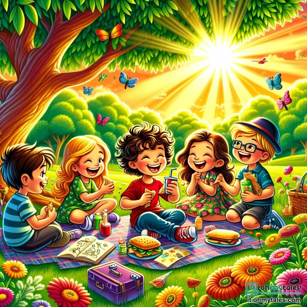 Illustrazione che rappresenta un parco verdeggiante, illuminato dalla luce dorata del sole al tramonto. Al centro, un grande albero con foglie di un verde brillante offre ombra a un gruppo di bambini seduti su una coperta colorata, circondati da fiori multicolori che danzano dolcemente al vento. C'è un ragazzo di circa 10 anni, alto e sorridente, con capelli ricci e una camicia rossa, che sta servendo panini ai suoi amici. Accanto a lui, una ragazza di 9 anni, con lunghi capelli castani e un vestito a fiori, ride di gusto mentre tiene un bicchiere di succo di frutta. Un altro ragazzo, un po' più piccolo, con capelli biondi e occhiali, sta mostrando un indizio trovato, con gli occhi brillanti di eccitazione. Infine, una ragazza di 8 anni, con capelli corti e un cappellino, sta disegnando su un quaderno, concentrata e sorridente. La scena cattura un momento gioioso di condivisione e amicizia, dove le risate e i sorrisi illuminano l'atmosfera. Farfalle colorate volano intorno a loro, aggiungendo un tocco di magia a questo momento speciale. Cesti da picnic pieni di prelibatezze e giochi sparsi completano questa illustrazione piena di vita e felicità.