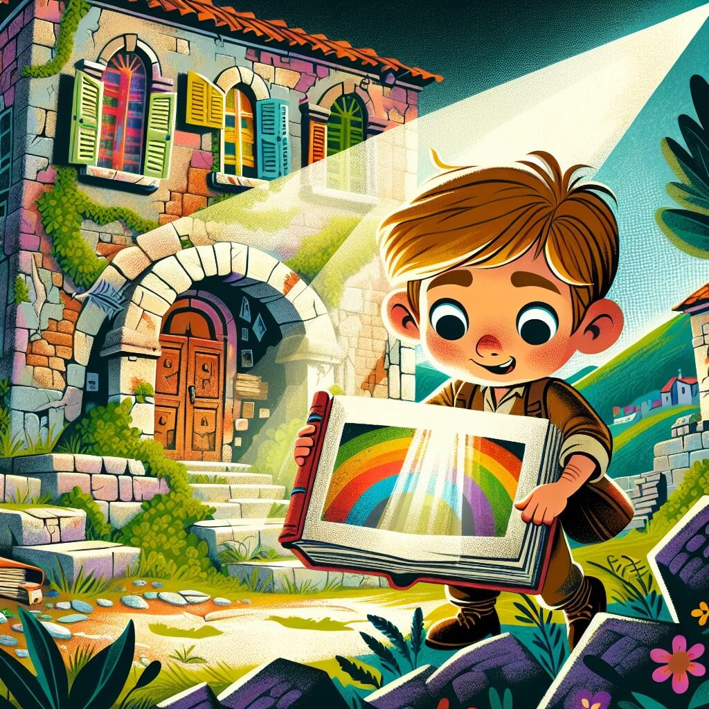 Une illustration destinée aux enfants représentant un jeune garçon curieux et avide d'aventures, découvrant une ancienne maison abandonnée aux murs défraîchis et à la fenêtre colorée qui laisse filtrer un arc-en-ciel de lumière, tandis qu'il est accompagné d'un album photographique mystérieux, dans la petite ville d'Arcobaleno, où les rues sont bordées d'arbres verdoyants et les maisons sont ornées de fleurs multicolores.
