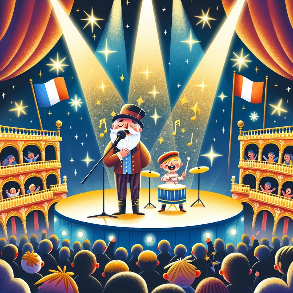 Une illustration destinée aux enfants représentant un chanteur passionné, debout sur une scène éclairée par des projecteurs étincelants, accompagné d'un jeune batteur talentueux, dans un théâtre majestueux rempli de spectateurs enthousiastes et de drapeaux colorés.