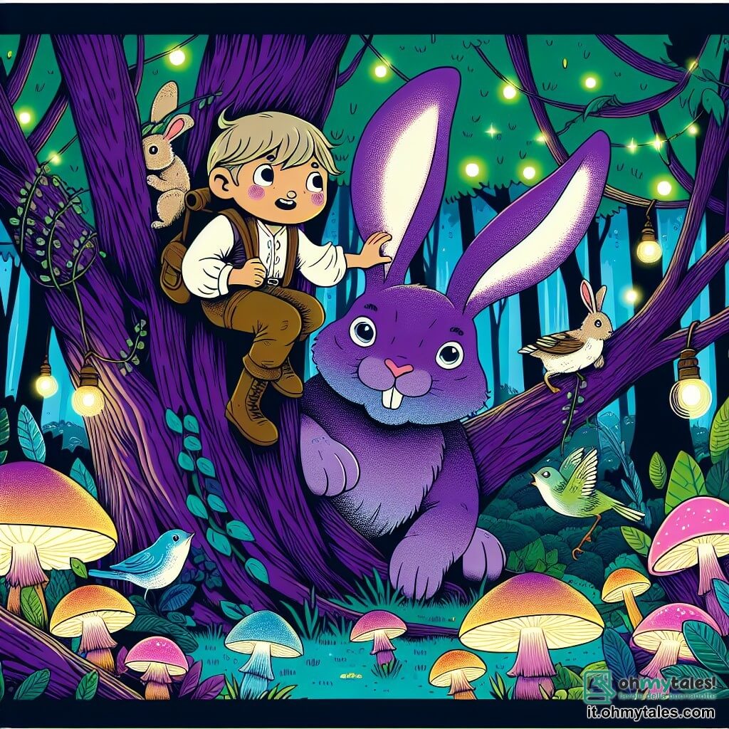 Une illustration destinée aux enfants représentant un garçon curieux et aventurier se retrouvant coincé dans un arbre avec un lapin géant violet aux oreilles lumineuses dans une forêt enchantée remplie de champignons phosphorescents et d'oiseaux qui chantent des mélodies magiques.